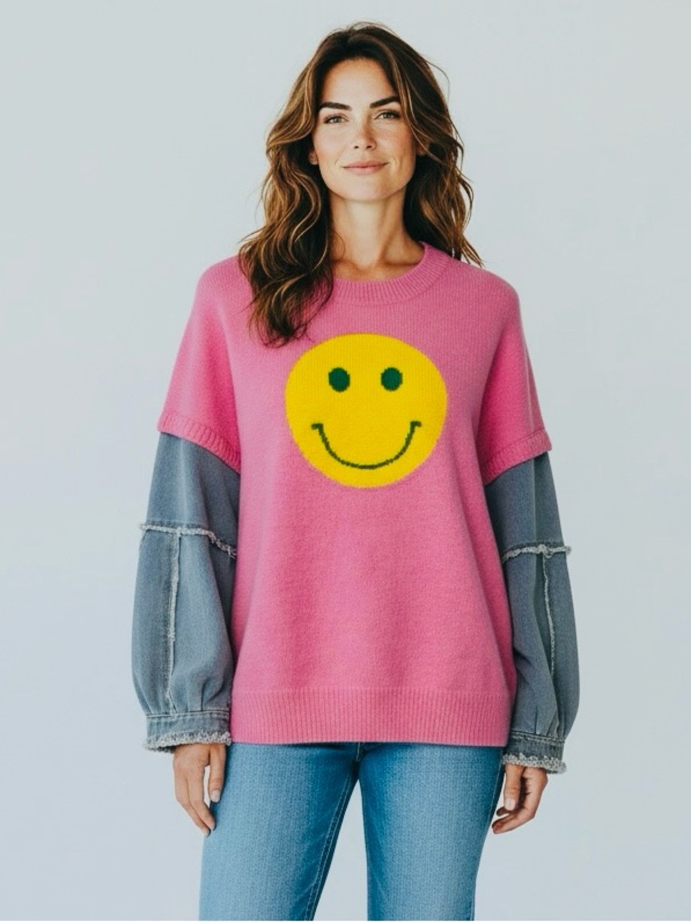 Debut Pink Knit Sweater With Smiley Face And Distressed
Denim Sleeves